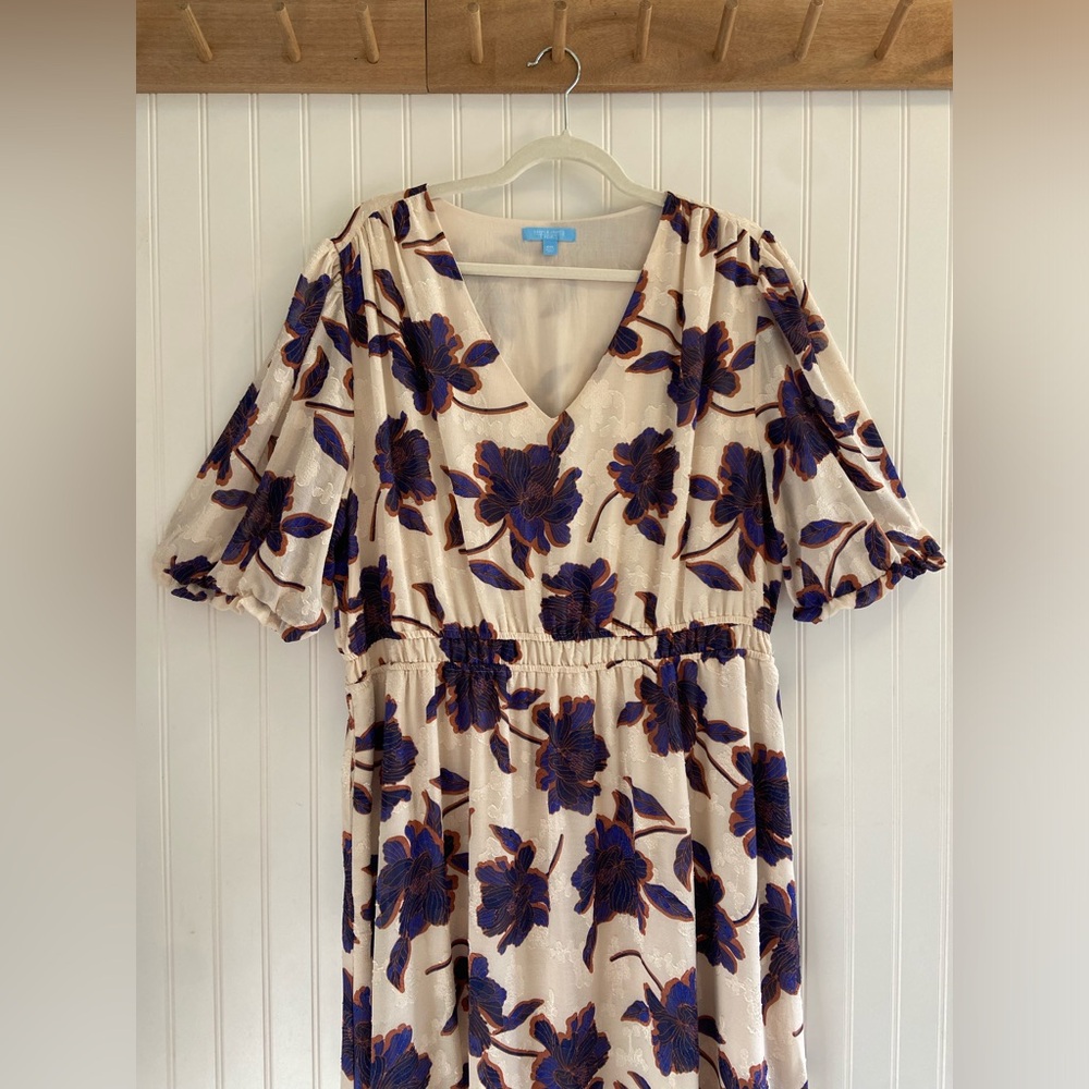 Draper James RSVP Short Sleeve Cottagecore Long Floral Dress Blue Brn White XXL